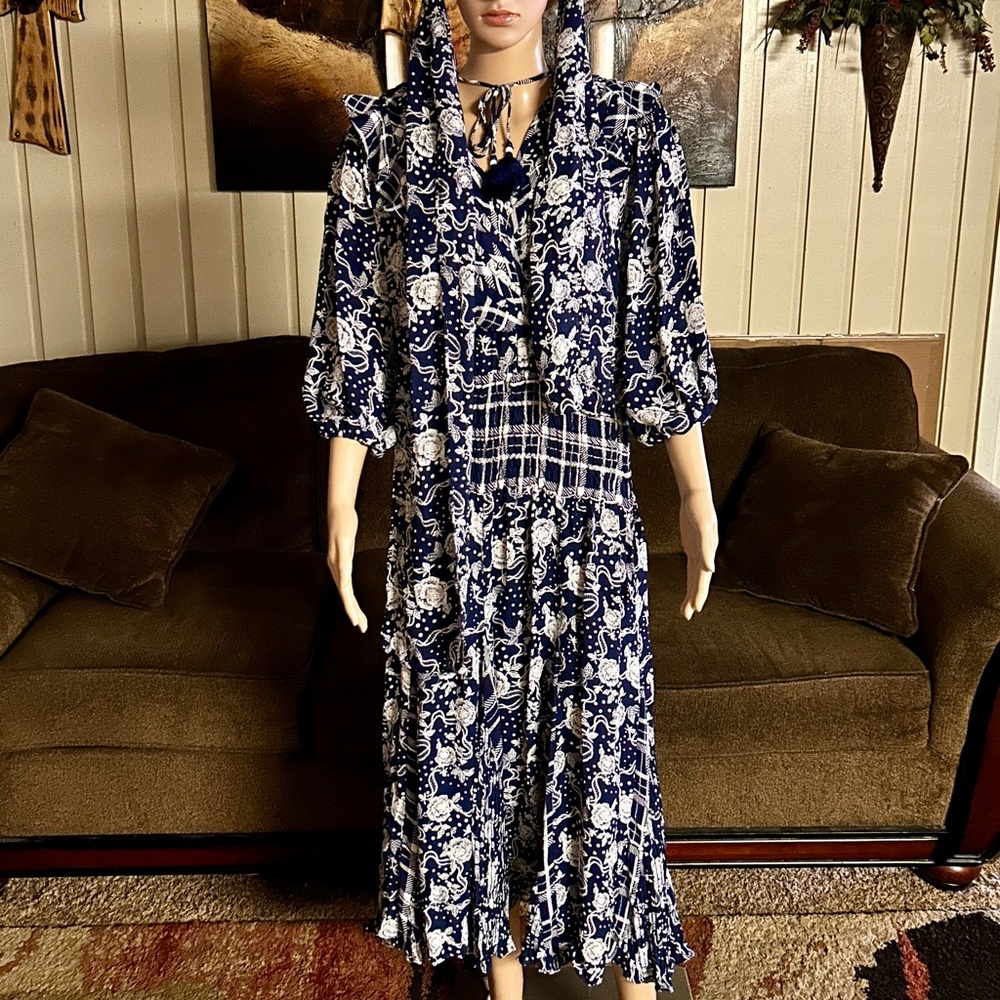 Diane Freis ~ Large ~ Vintage ~ Blue/White • Floral W/ Ruffles & Tie Boho Dress - Picture 4 of 16